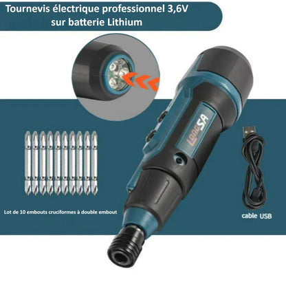 Tournevis électrique sans fil avec embouts, adaptateur magnétique, Led et câble USB de recharge