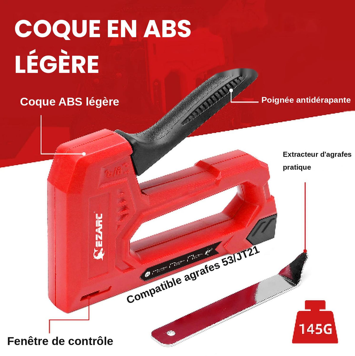 Agrafeuse manuelle rouge avec extracteur , coque ABS légère
