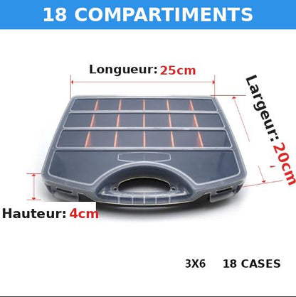 Boîte de rangement 18 compartiments, 25x20x4cm, organisateur pour petites pièces et visserie