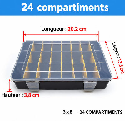 Boîte de rangement à 24 compartiments avec couvercle transparent, dimensions 20,2 x 13,5 x 3,8 cm