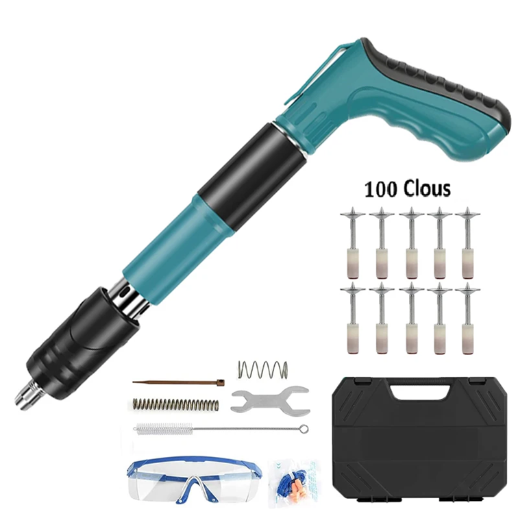 cloueur electrique bleu avec 100 clous , valise noire, lunette de protection