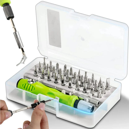 coffret blanc ouvert contient tournevis de precision avec poignee verte et ambouts