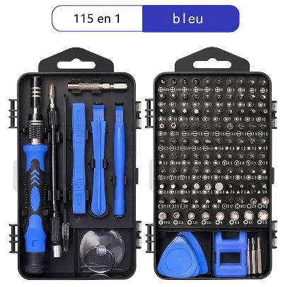 Coffret tournevis de précision 115 en 1 bleu avec embouts magnétiques, tournevis ergonomique, ventouse, leviers d'ouverture et pince pour réparation smartphone, PC et électronique.