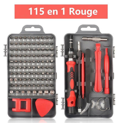 Coffret tournevis de précision 115 en 1 rouge avec embouts magnétiques, tournevis ergonomique, ventouse, leviers d'ouverture et pince pour réparation smartphone, PC et électronique.