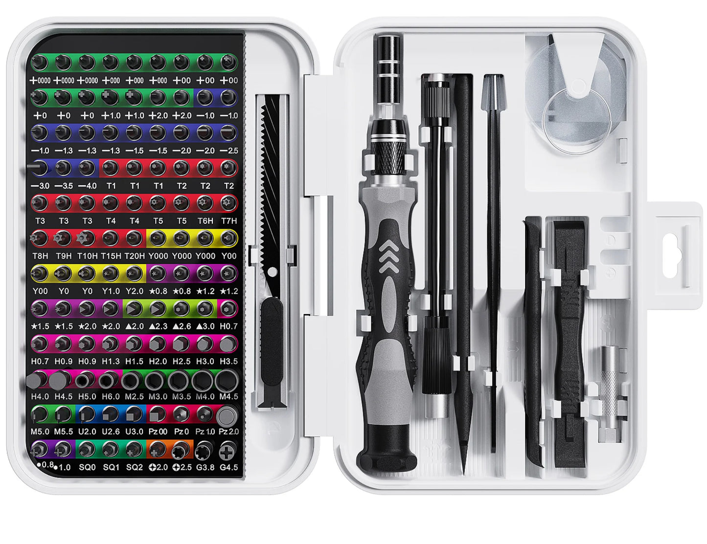 Coffret blanc de tournevis de précision avec embouts variés et outils de réparation pour appareils électroniques et informatiques