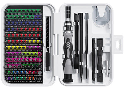 Coffret blanc de tournevis de précision avec embouts variés et outils de réparation pour appareils électroniques et informatiques
