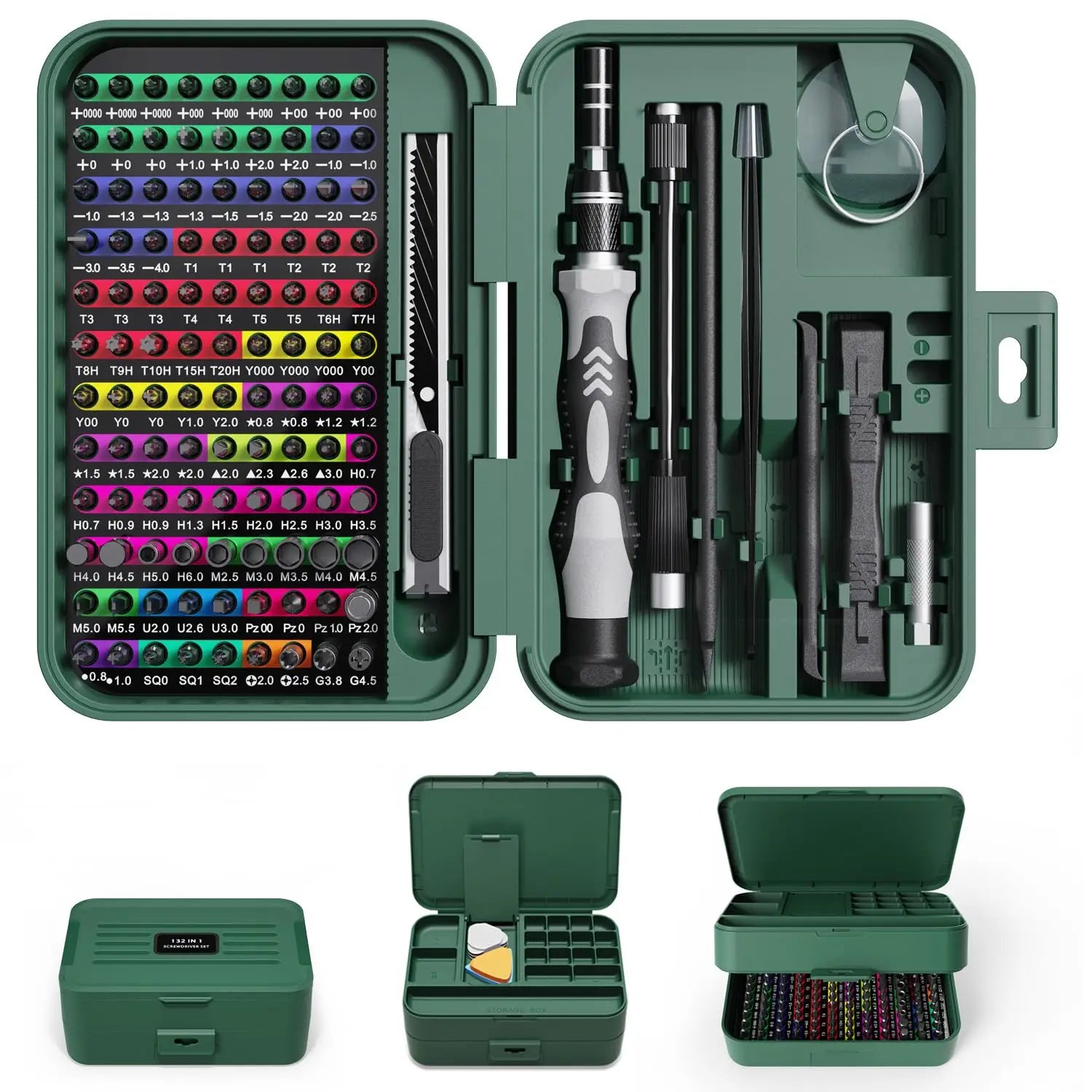 Coffret de tournevis de précision avec embouts variés, accessoires de réparation, boîtier vert compact et rangement organisé