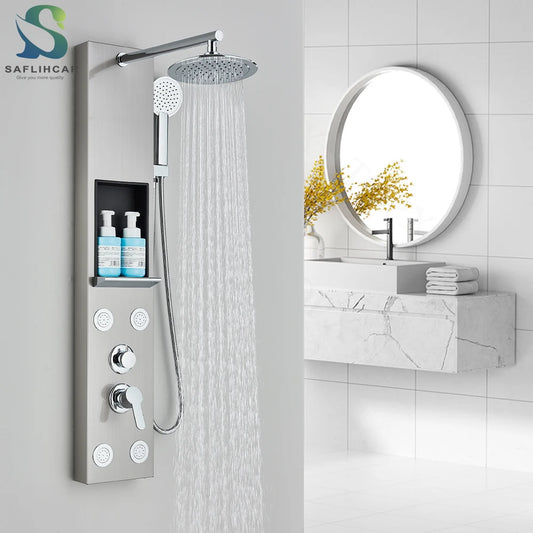 Colonne de douche, nickel brosse, pluie large, fleurs jaunes devant miroir de salle de bain