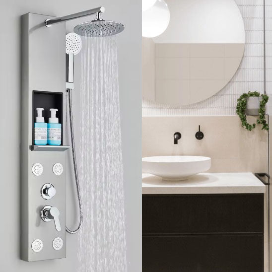 Colonne de douche, nickel brosse, pluie large, fleurs vertes devant miroir de salle de bain