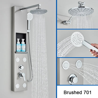 Colonne de douche, nickel brosse, pluie large, cascade, jets de massage, 701