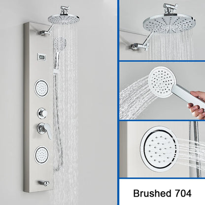Colonne de douche, nickel brosse, pluie large, cascade, jets de massage, 704