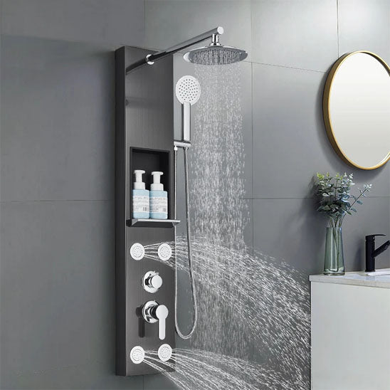 Colonne de douche noir brosse, pluie large, cascade, jets de massage
