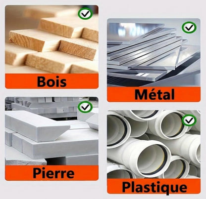 Utilisation polyvalente sur 4 surfaces : bois, métal, pierre et plastique