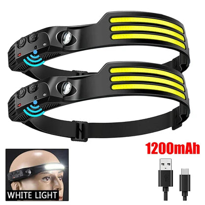 deux Lampe Frontale noire a trois bandes jaunes sur crane chauves , USB-C
