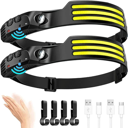 deux Lampe Frontale noire a trois bandes jaunes avec crochets noirs , main , USB-C