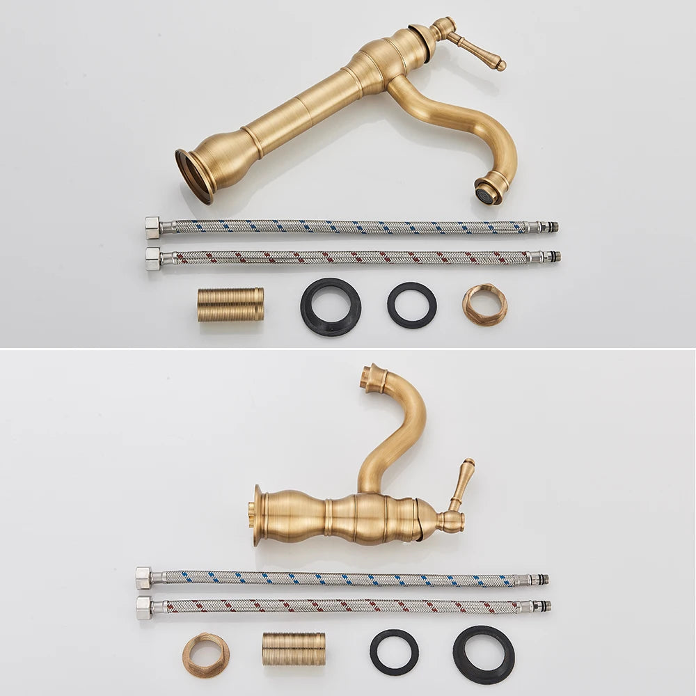 deux Robinet salle de bain dorés deux flexibles rouges, bleus joints raccordement posés sur table