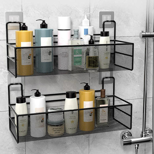 deux Étagère noires remplies de bouteilles shampoing , de gel  dans salle de bain