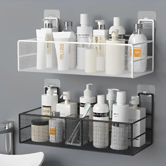 deux Étagère blanche  et noire remplies de bouteilles shampoing , de gel  dans salle de bain