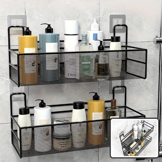 deux Étagère noires remplies de bouteilles shampoing , de gel  dans salle de bain