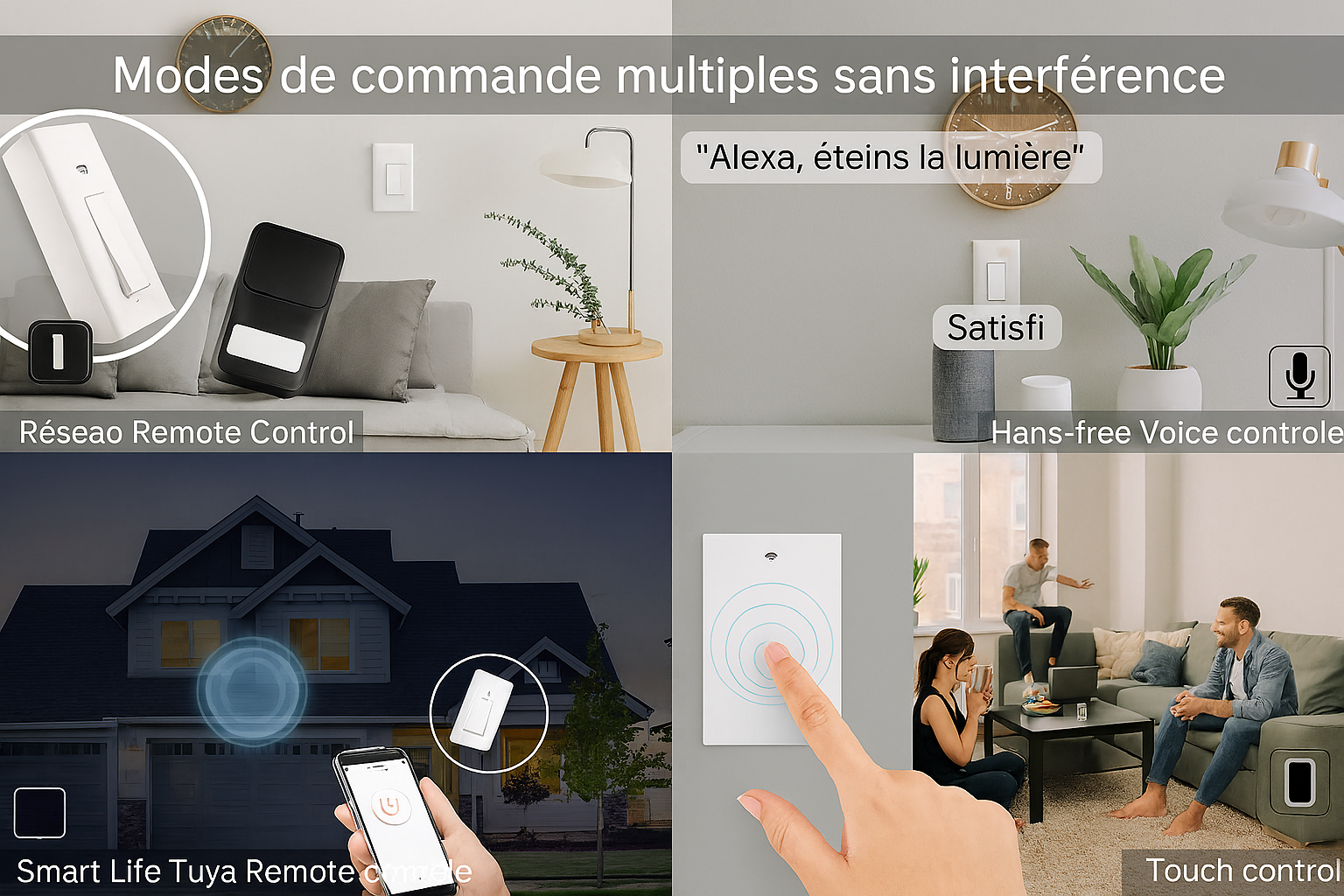 deux hommes et une femmes dans salon commande interrupteur en utilisant alexa pour allumer lumieres 