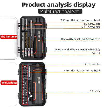 deux kits de Tournevis electrique Rechargeable USB 3.6V avec lumière LED