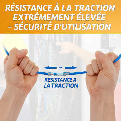 deux mains tiennent connecteur electrique thermoretractable, résistance a la traction