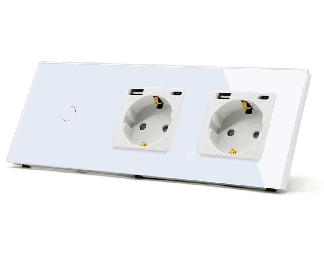 Deux prises deux USB type C  Interrupteur tactile va et vient blanc en verre trempe mur salon blanc un bouton