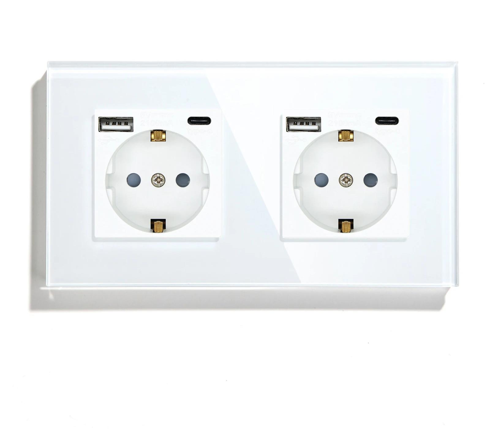 deux prises deux USB type C Interrupteur tactile va et vient blanc en verre trempe mur salon blanc 