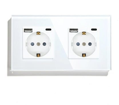 deux prises deux USB type C Interrupteur tactile va et vient blanc en verre trempe mur salon blanc 