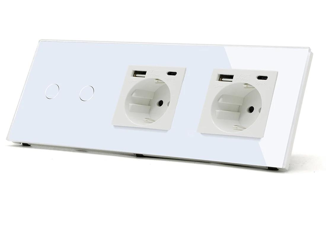deux prises, deux USB type C Interrupteur tactile va et vient blanc en verre trempe mur salon blanc et deux boutons