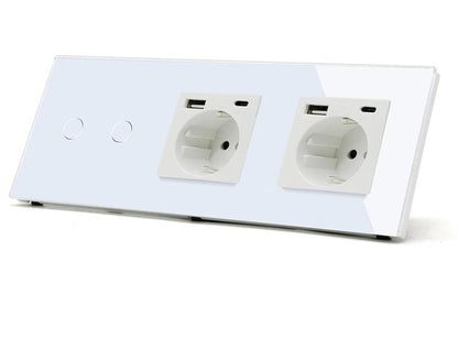 deux prises, deux USB type C Interrupteur tactile va et vient blanc en verre trempe mur salon blanc et deux boutons