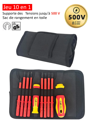 deux trousses noires  TOURNEVIS ELECTRICIEN isolé , jeu de dix éléments