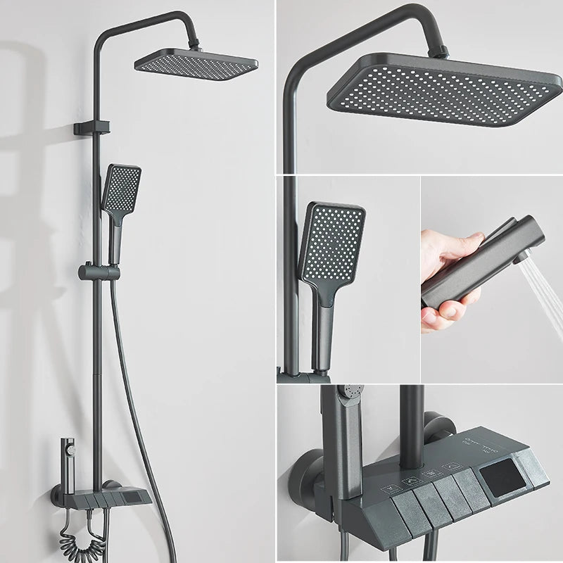 Colonne de douche |Système de Douche Thermostatique à Affichage Numérique – Colonne de Douche Pluie Style Piano Gris avec Mitigeur Digital & Bidet