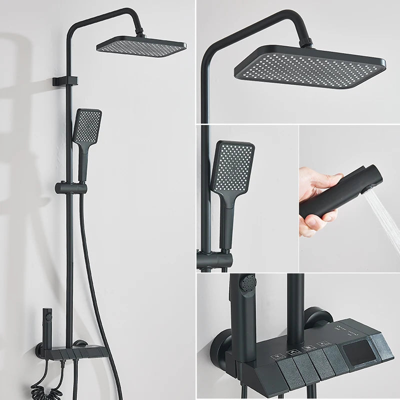 Colonne de douche |Système de Douche Thermostatique à Affichage Numérique – Colonne de Douche Pluie Style Piano Gris avec Mitigeur Digital & Bidet