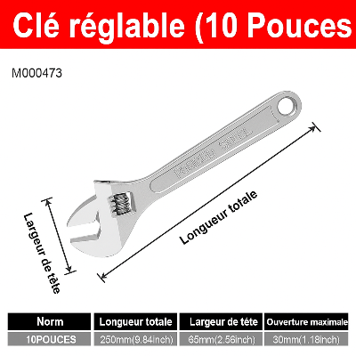 dimensions CLE A molette 10 pouces