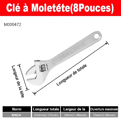 dimensions CLE A molette 8 pouces