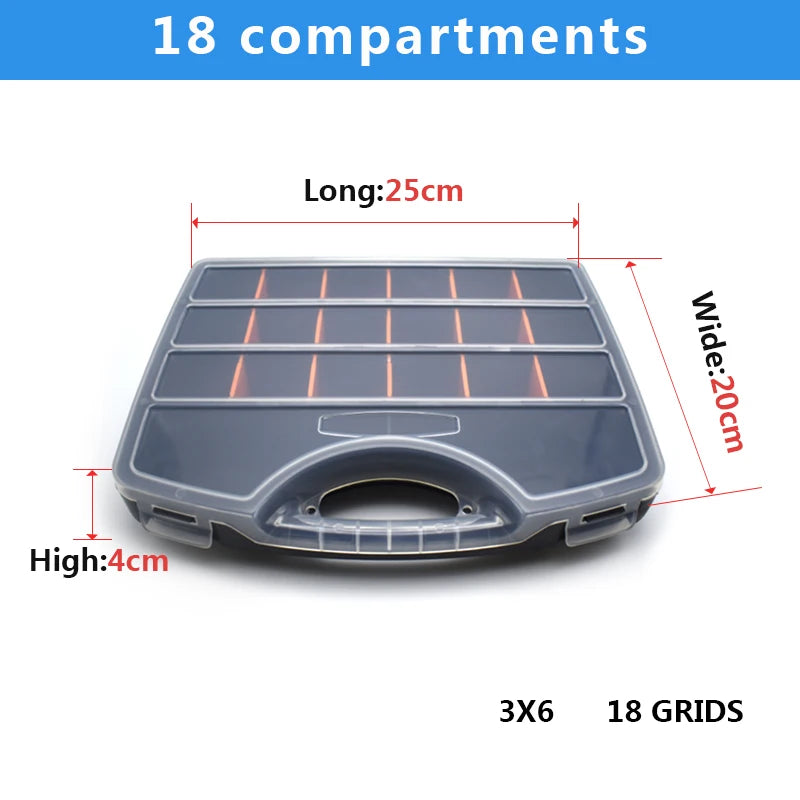 dimensions Malette a outils  dix huit  compartiments  cloisons amovibles couvercle transparent
