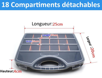 dimensions Malette a outils  dix huit  compartiments détachables cloisons amovibles  couvercle transparent
