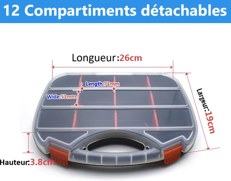 dimensions Malette a outils  douze compartiments detachables avec cloisons amovibles couvercle transparent