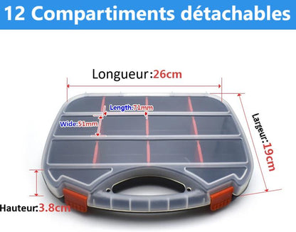 dimensions Malette a outils  douze compartiments detachables avec cloisons amovibles couvercle transparent