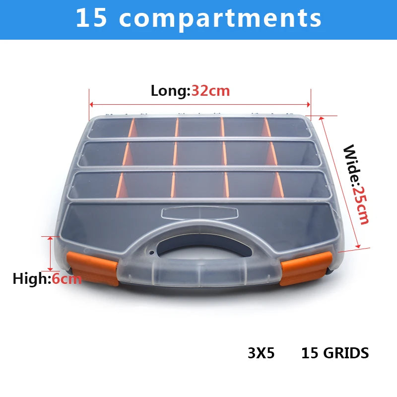 dimensions Malette a outils  quinze compartiments cloisons amovibles couvercle transparent