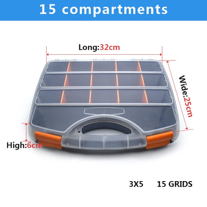 dimensions Malette a outils  quinze compartiments cloisons amovibles couvercle transparent
