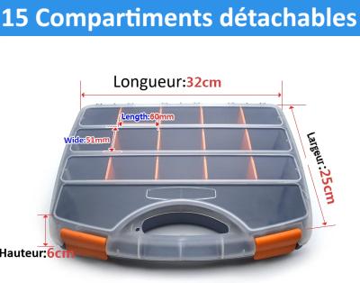 dimensions Malette a outils  quinze  compartiments détachables cloisons amovibles couvercle transparent