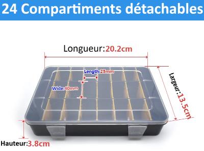 dimensions Malette a outils  vingt quatre  compartiments détachables cloisons amovibles couvercle transparent
