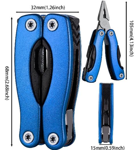 dimensions Pince multifonction 13 en 1 bleue en acier inoxydable, pliable et compacte pour bricolage et camping, cadeau parfait