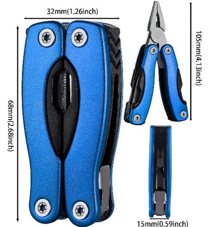 dimensions Pince multifonction 13 en 1 bleue en acier inoxydable, pliable et compacte pour bricolage et camping, cadeau parfait