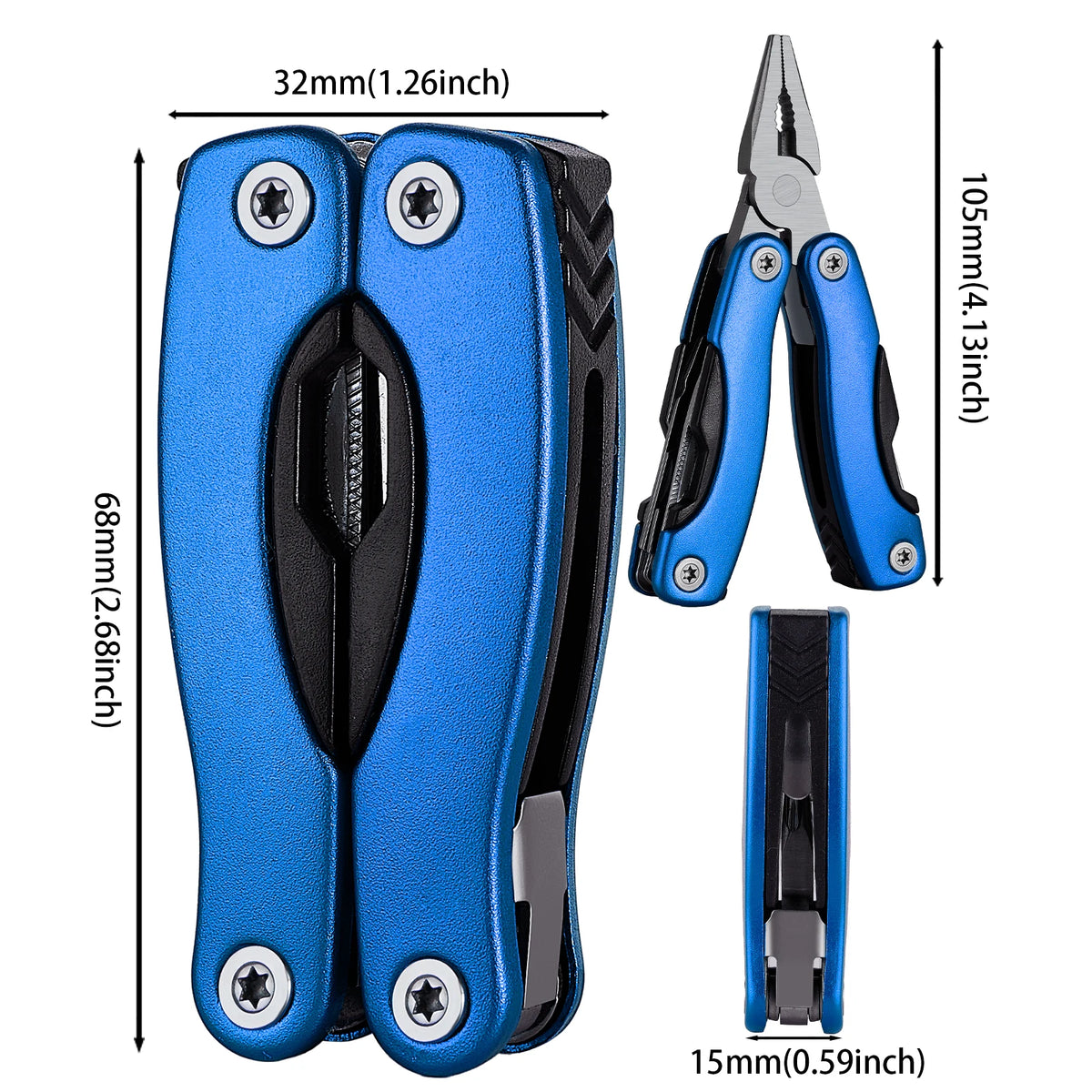 dimensions Pince multifonction 13 en 1 bleue en acier inoxydable, pliable et compacte pour bricolage et camping, cadeau parfait