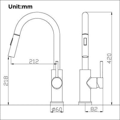 dimensions du  Robinet cuisine Coulissant à douchette extractible