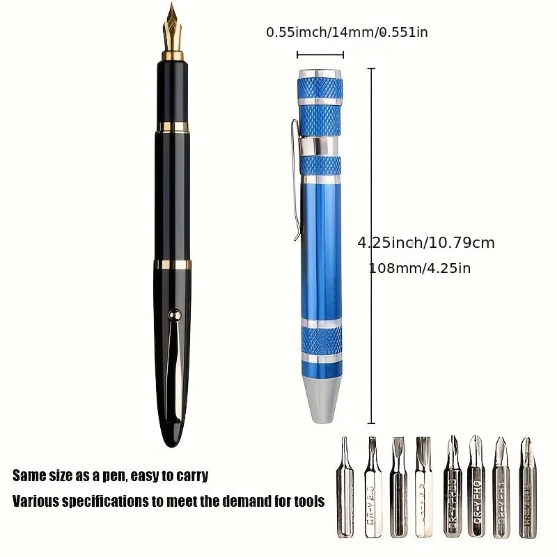 dimensions Tournevis bleu  et huit embouts , stylo a plume noir