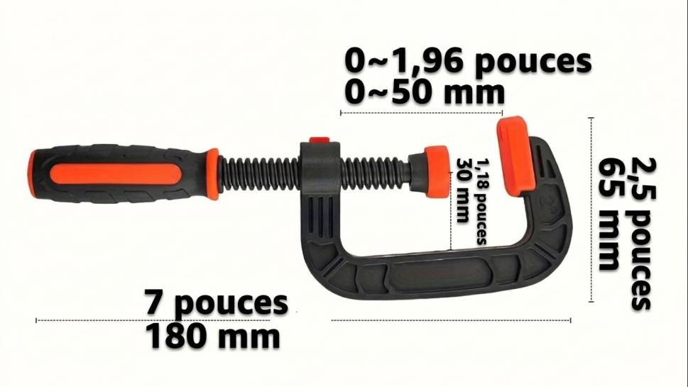Schéma technique des dimensions d'un serre-joint en C de 7 pouces (180 mm) avec détails de l'ouverture et de la profondeur de gorge